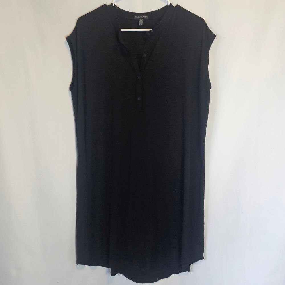 Eileen Fisher Petite Black Sleeveless Button Up Lyocell Dress Lagenlook